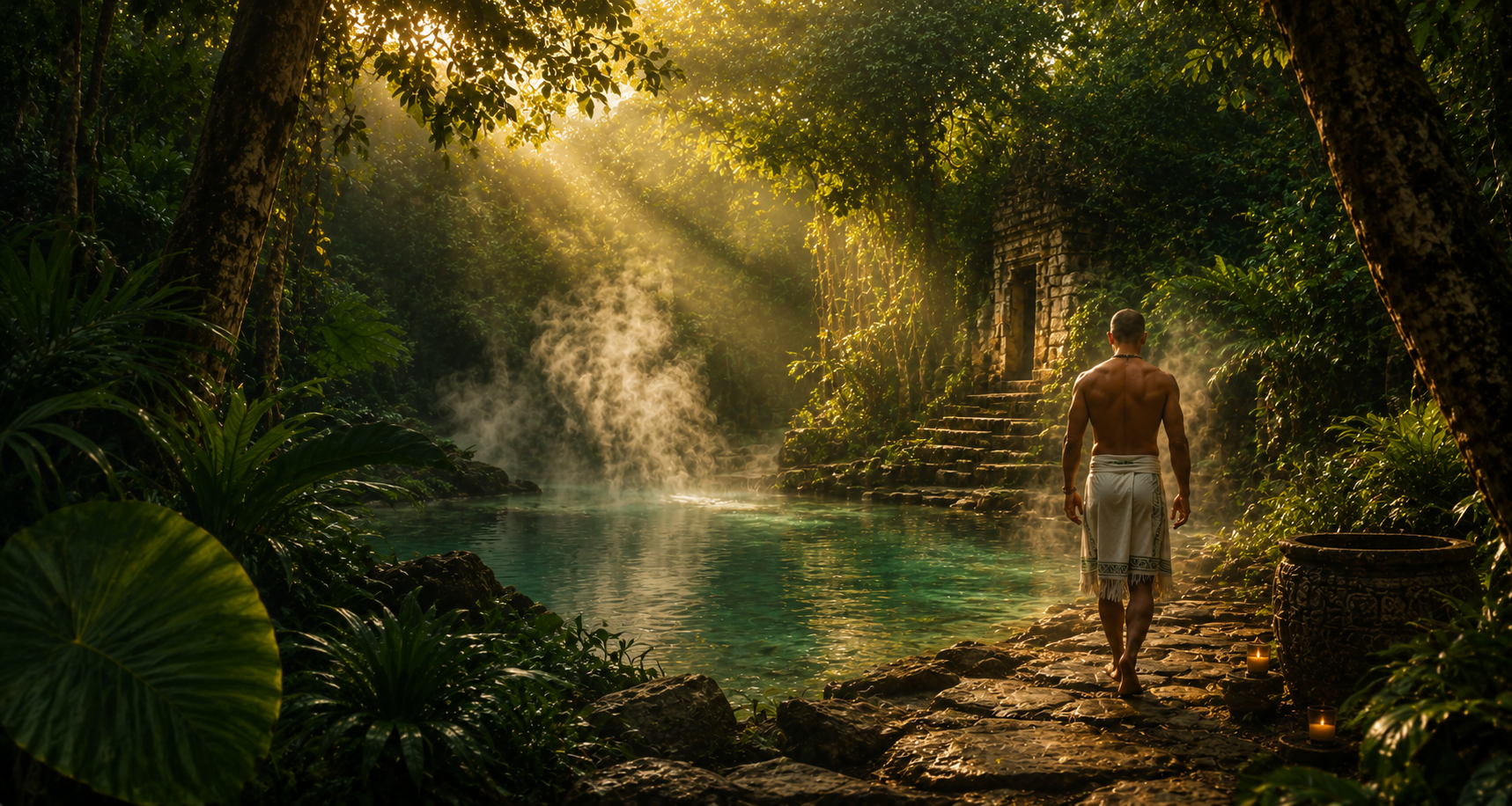 Santuario maya en la selva con agua, vapor y luz dorada